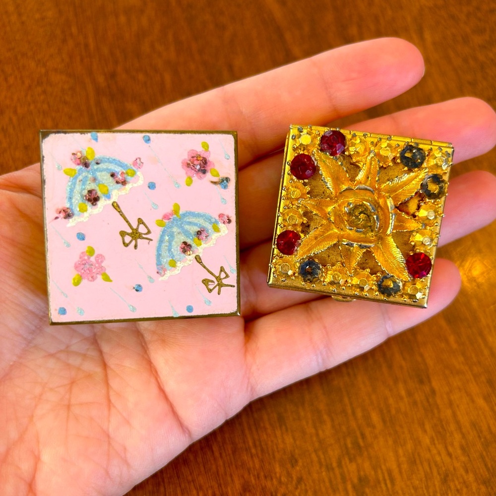 Two vintage ladies pill boxes enamel and rhinestone